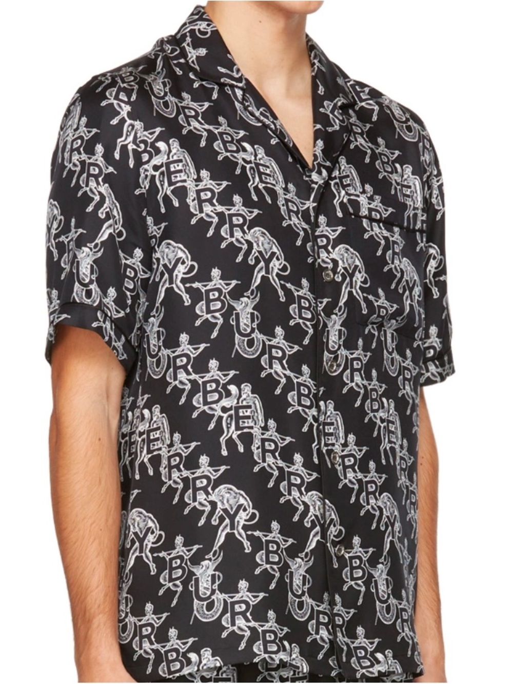 Burberry Black Button-Down Camp Collar Shirt with White Logo Print